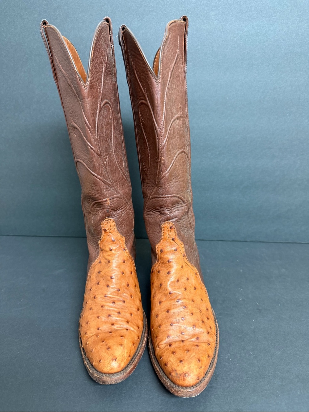 Lucchese Two-Tone Brown and Tan Ostrich-Accent Heeled Boots - Picture 5 of 11